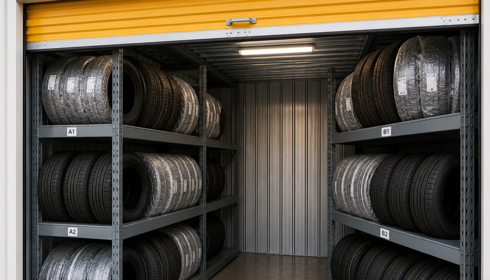 Seasonal tires organized on labelled racks in a storage unit