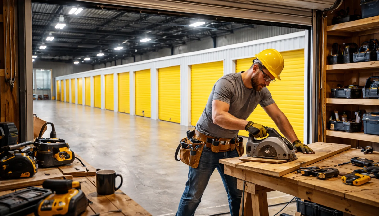 A tradesperson working at a bench inside a My Storage workshop