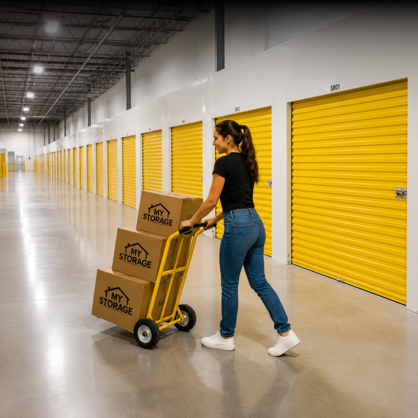 Bright indoor corridor of yellow storage units